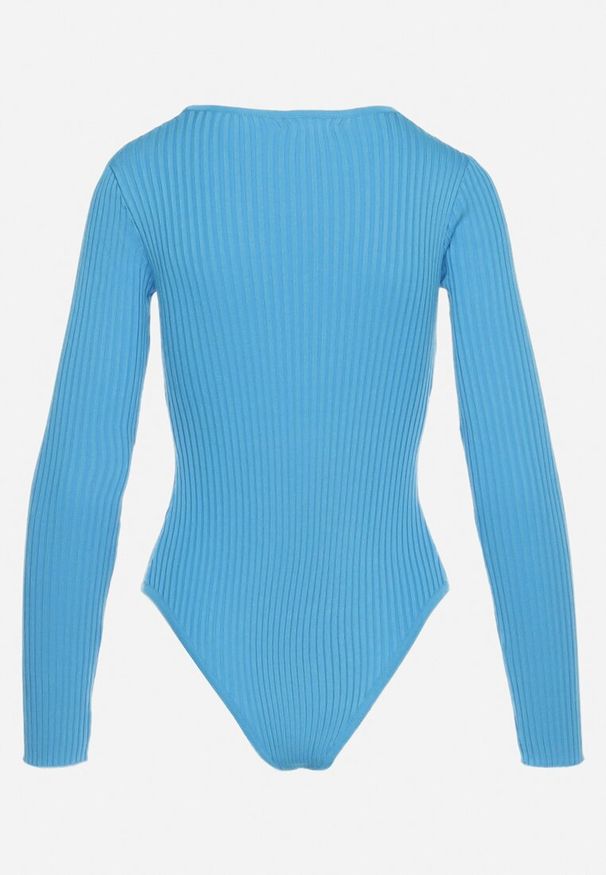 Born2be - Niebieskie Body Prążkowane z Wycięciem na Dekolcie Volfi. Kolor: niebieski. Materiał: prążkowany. Styl: klasyczny