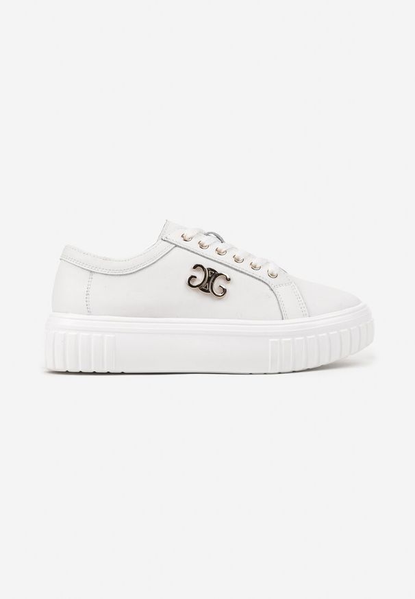 Renee - Białe Sneakersy ze Skóry Naturalnej na Grubej Podeszwie z Metalowym Detalem Evoniah. Okazja: na co dzień. Kolor: biały. Materiał: skóra. Szerokość cholewki: normalna