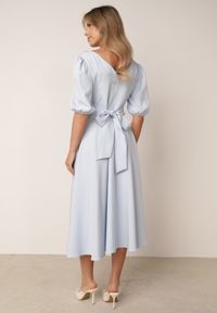 Born2be - Niebieska Elegancka Sukienka z Bufiastymi Rękawami i Wiązaniem na Plecach Zeepy. Kolor: niebieski. Wzór: gładki. Styl: elegancki #5