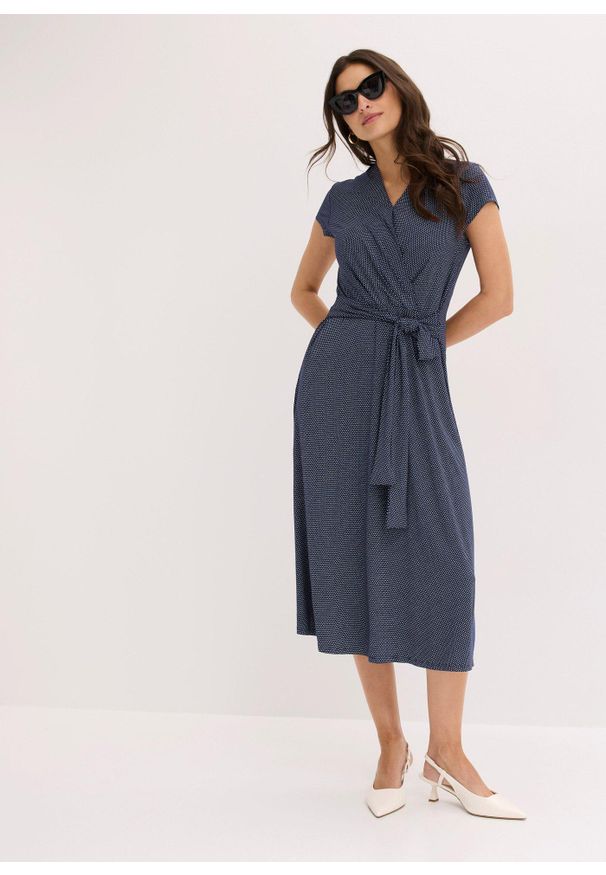 bonprix - Sukienka midi z mieszanki wiskozy. Kolor: niebieski. Materiał: wiskoza, jersey. Typ sukienki: kopertowe. Długość: midi