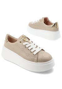 Beżowe Sneakersy Armodo Modne Obuwie Damskie. Okazja: na co dzień. Zapięcie: sznurówki. Kolor: beżowy. Materiał: materiał. Styl: klasyczny, elegancki, casual