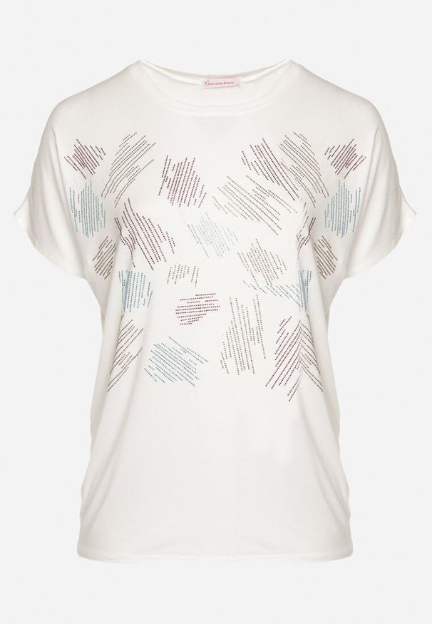 Born2be - Biały Klasyczny Bawełniany T-shirt Ozdobiony Cyrkoniami Christara. Okazja: na co dzień. Kolor: biały. Materiał: bawełna. Wzór: aplikacja. Sezon: lato. Styl: klasyczny