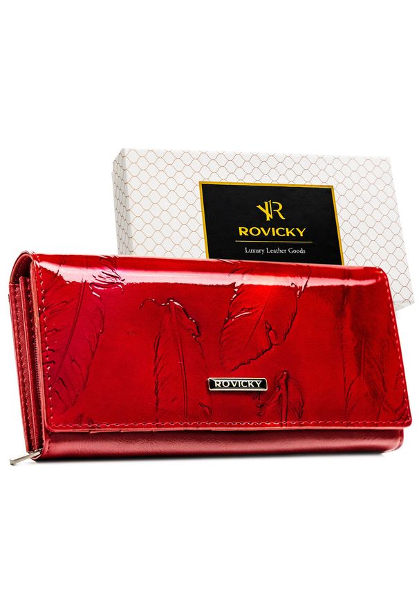 ROVICKY - Duży lakierowany czerwony portfel damski na karty skórzany ochrona RFID Rovicky RPN-20A-YM. Kolor: czerwony. Materiał: lakier, skóra. Wzór: aplikacja