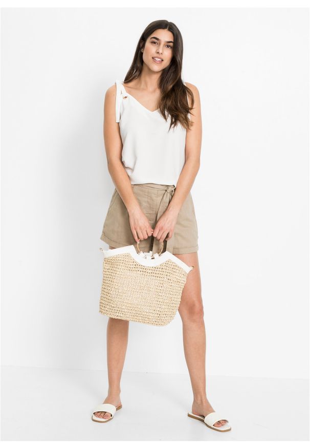 bonprix - Torba pleciona słomkowa. Kolor: beżowy. Sezon: lato. Materiał: skórzane. Rodzaj torebki: na ramię