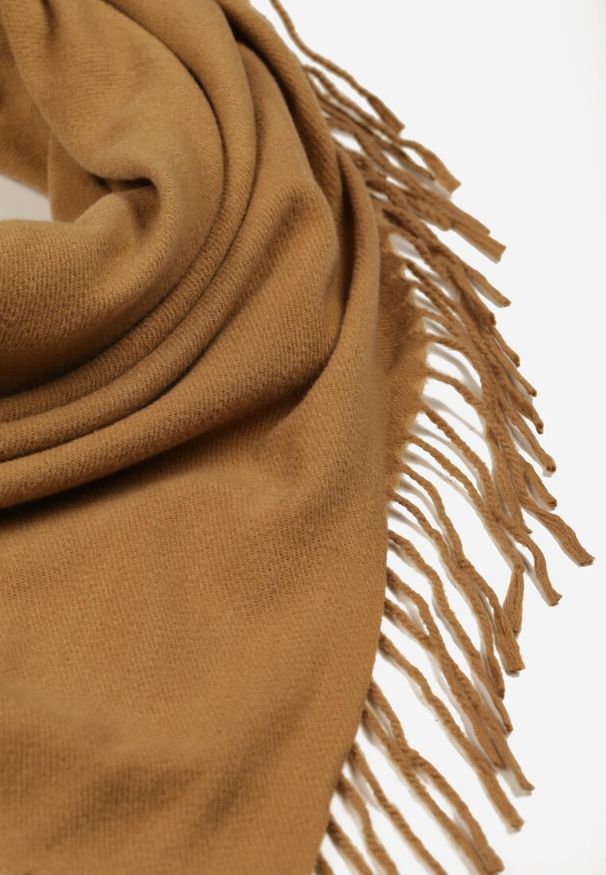 Born2be - Jasnobrązowy Trójkątny Szalik Zdobiony Frędzlami Vetifara. Okazja: na co dzień. Kolor: brązowy. Materiał: jeans. Wzór: aplikacja. Sezon: jesień, zima. Styl: elegancki, casual