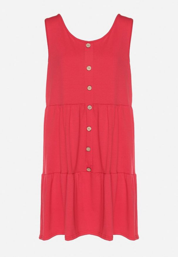 Born2be - Czerwona Sukienka o Rozkloszowanym Kroju na Szerokich Ramiączkach z Guzikami Saniella. Okazja: na co dzień. Kolor: czerwony. Długość rękawa: na ramiączkach. Typ sukienki: rozkloszowane. Styl: klasyczny, casual, elegancki