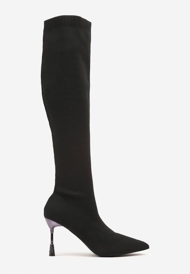 Renee - Czarne Skarpetkowe Kozaki Vices na Ozdobnym Obcasie z Cyrkoniami Nilritisa. Okazja: na co dzień. Zapięcie: bez zapięcia. Kolor: czarny. Materiał: jeans. Obcas: na obcasie. Styl: casual, klasyczny. Wysokość obcasa: średni