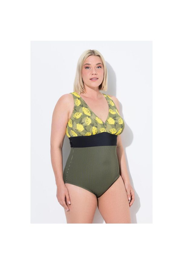 ULLA POPKEN - Damski Strój kąpielowy cytryny ozdobny pasek miękkie miseczki z recyklingu. Kolekcja: plus size. Kolor: zielony. Materiał: poliester, elastan, poliamid, materiał