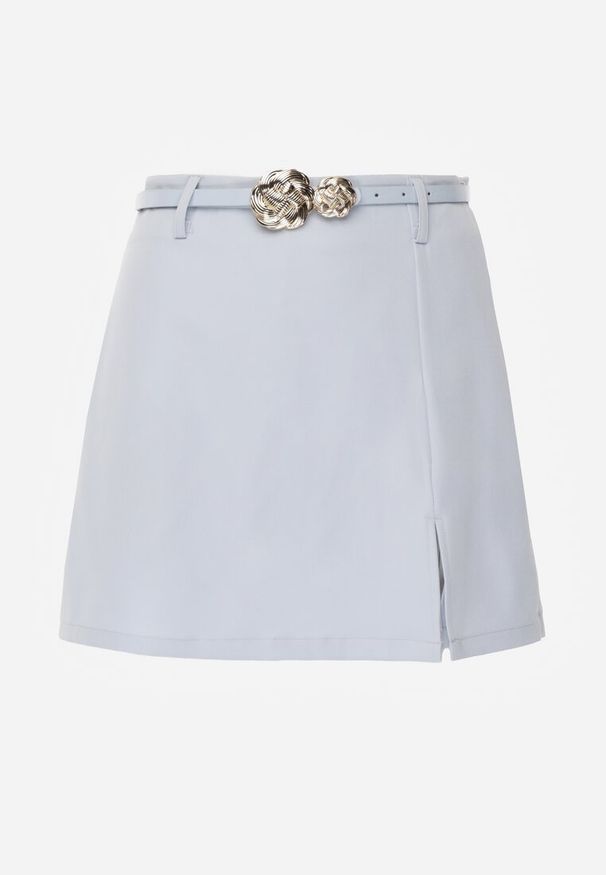 Renee - Niebieskie Spódnico-Szorty High Waist Ozdobione Metaliczną Aplikacją i Paskiem Retness. Okazja: na co dzień. Stan: podwyższony. Kolor: niebieski. Wzór: aplikacja. Styl: casual