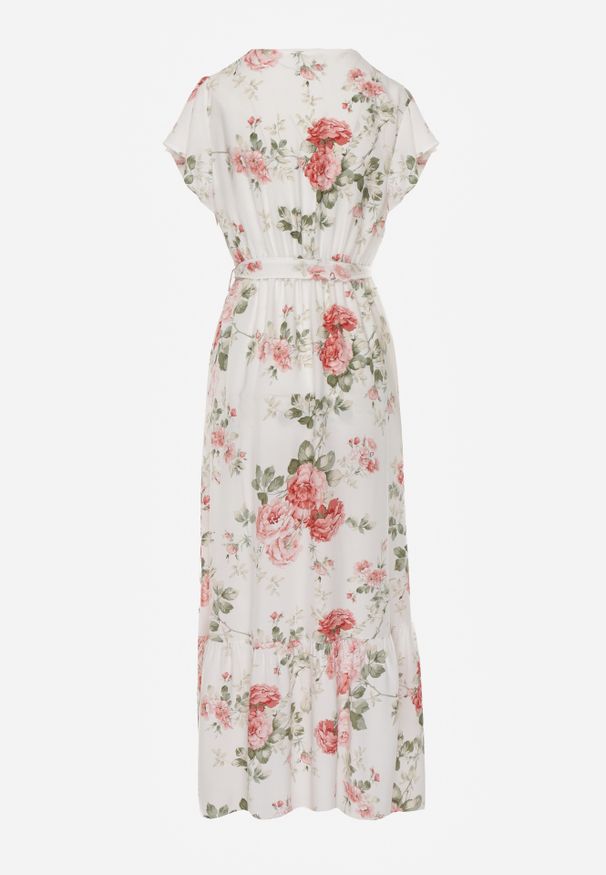 Renee - Biała Sukienka w Kwiaty o Kopertowym Kroju z Wiązanym Paskiem Iphene. Okazja: na randkę. Kolor: biały. Materiał: wiskoza. Wzór: kwiaty. Typ sukienki: kopertowe