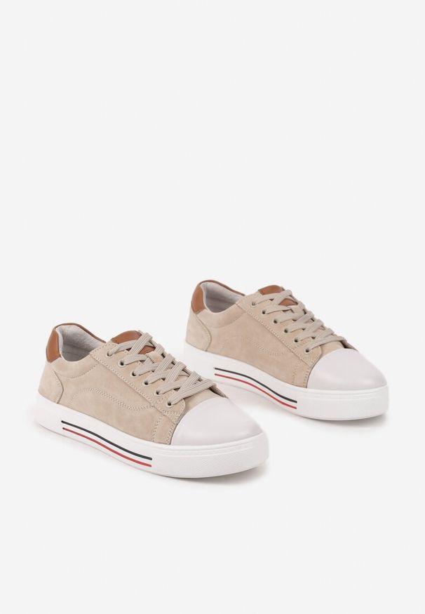 Born2be - Beżowe Skórzane Trampki na Płaskiej Podeszwie ze Skórzaną Wkładką i Kontrastowym Noskiem Helili. Kolor: beżowy. Materiał: skóra. Obcas: na płaskiej podeszwie