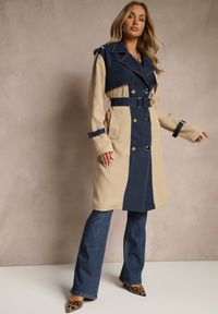 Renee - Beżowo-Granatowy Płaszcz z Bawełną Typu Trencz z Jeansowymi Wstawkami Felsedi. Okazja: na co dzień. Kolor: beżowy. Materiał: jeans, bawełna. Styl: klasyczny, casual, elegancki