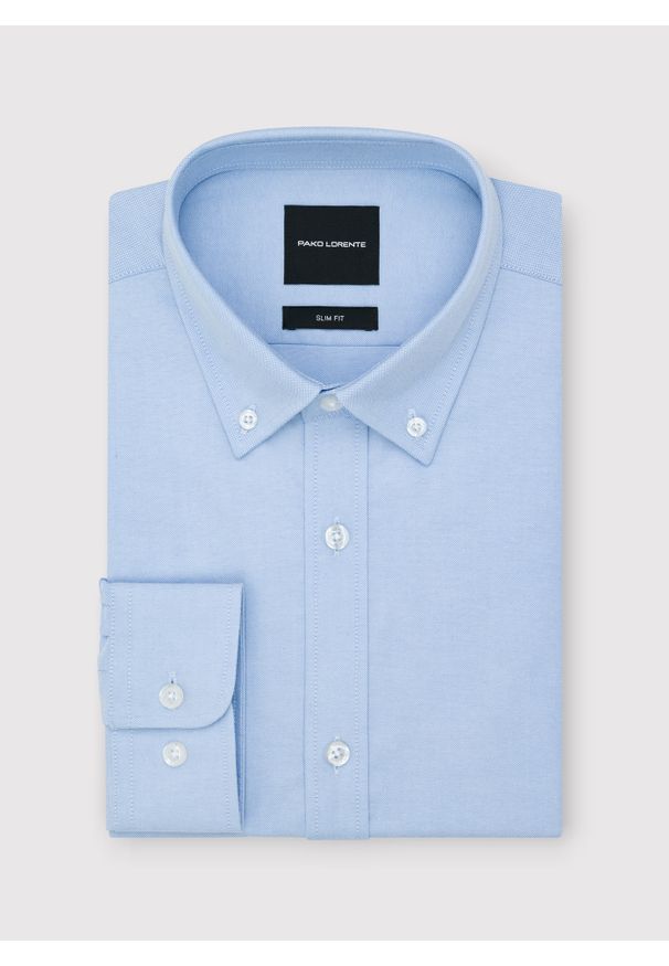 Pako Lorente - PAKO LORENTE – Niebieska koszula męska. Typ kołnierza: button down. Kolor: różowy, szary, biały, niebieski. Materiał: poliester, bawełna. Długość rękawa: długi rękaw. Długość: długie