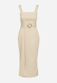 Born2be - Beżowa Dopasowana Sukienka z Wiskozą z Rozcięciami i Paskiem z Klamrą Mepelle. Okazja: na co dzień. Typ kołnierza: dekolt kwadratowy. Kolor: beżowy. Materiał: wiskoza. Typ sukienki: dopasowane. Styl: klasyczny, casual, elegancki #4