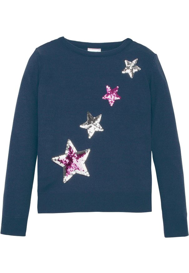 bonprix - Sweter z dzianiny o splocie drobnych oczek, z cekinami. Kolor: niebieski. Materiał: dzianina. Długość rękawa: długi rękaw. Długość: długie. Wzór: ze splotem