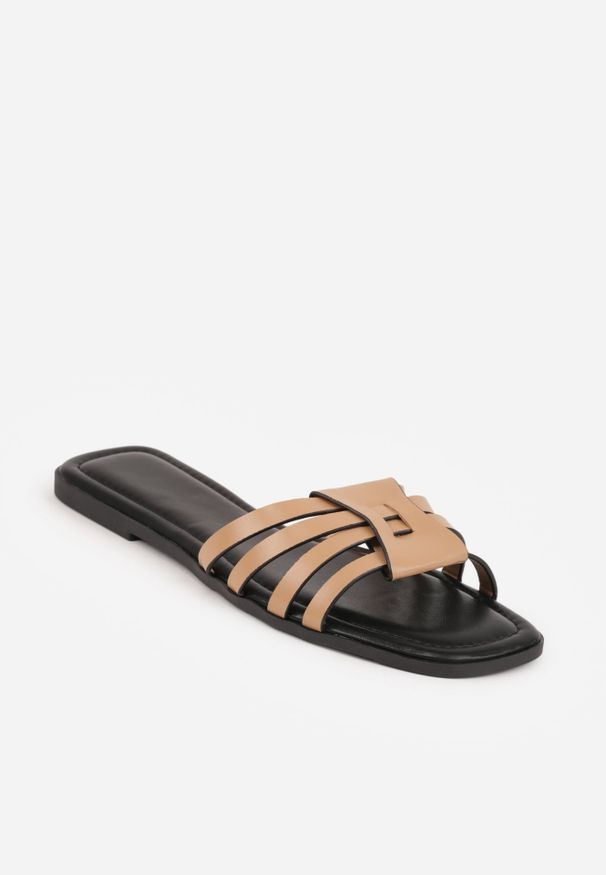 Renee - Ciemnobeżowe Klapki z Geometryczną Cholewką Lilinerris. Okazja: na co dzień. Kolor: beżowy. Materiał: jeans. Wzór: geometria. Sezon: lato. Styl: casual