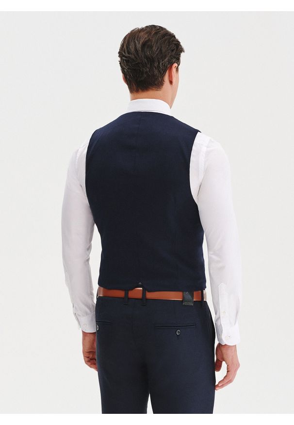 Pako Lorente - PAKO LORENTE –Granatowa dwurzędowa kamizelka męska. Kolor: niebieski, czarny. Materiał: poliester, wiskoza, elastan. Styl: młodzieżowy, elegancki