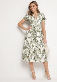 Born2be - Zielona Rozkloszowana Sukienka z Dekoltem w Serek Zdobiona Roślinnym Wzorem Evilirae. Okazja: na co dzień, do pracy, na spotkanie biznesowe. Typ kołnierza: dekolt w serek. Kolor: zielony. Wzór: aplikacja. Styl: biznesowy, casual #7