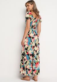 Born2be - Beżowo-Czarna Wiskozowa Sukienka w Kwiaty z Wiązaniem przy Dekolcie i Falbanką Meviera. Okazja: na co dzień, na randkę, na spacer. Kolor: czarny. Materiał: wiskoza. Wzór: kwiaty. Sezon: lato. Styl: casual #2