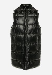 Born2be - Czarna Długa Kamizelka Pikowana z Kapturem Agelie. Typ kołnierza: kaptur. Kolor: czarny. Długość: długie. Wzór: aplikacja #2