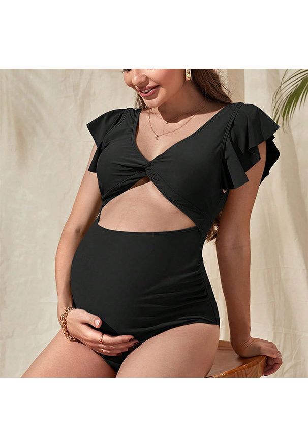 Intica - Strój kąpielowy ciążowy z falbanką na plażę i basen Britani. Kolekcja: moda ciążowa. Kolor: czarny. Materiał: materiał