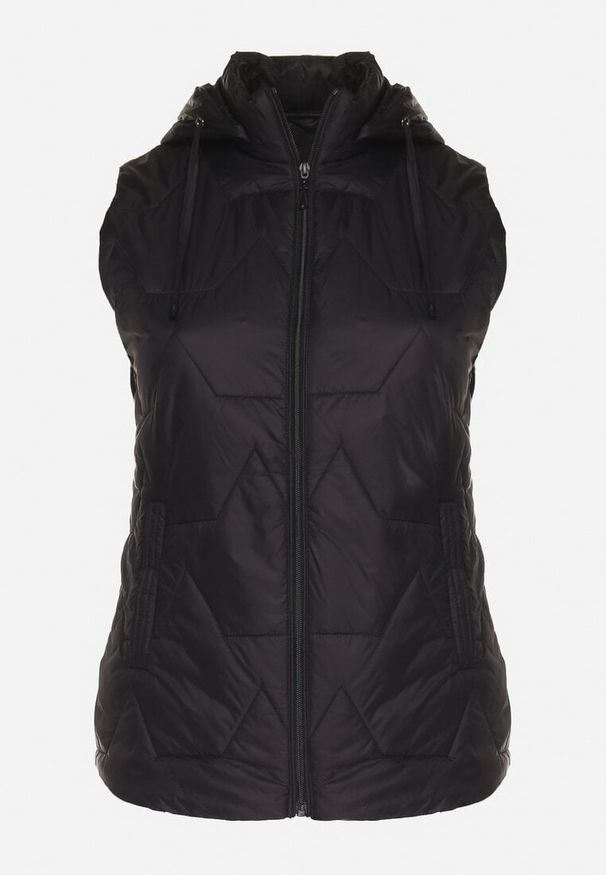 Born2be - Czarna Kamizelka z Pikowanymi Przeszyciami i Odpinanym Kapturem Delastris. Okazja: na spacer, na co dzień. Kolekcja: plus size. Kolor: czarny. Materiał: jeans. Styl: elegancki, casual