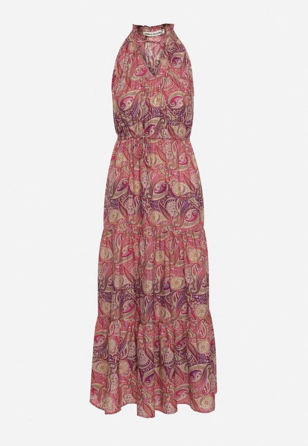 Born2be - Fioletowo-Różowa Rozkloszowana Sukienka z Gumkami w Talii Wiązana przy Dekolcie Vrisa. Okazja: na co dzień. Typ kołnierza: dekolt w kształcie V. Kolor: fioletowy. Sezon: lato. Typ sukienki: rozkloszowane. Styl: casual, elegancki