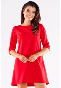 Awama - Trapezowa Mini Sukienka z Rękawem 3/4 - Czerwona. Kolor: czerwony. Materiał: elastan, wiskoza. Typ sukienki: trapezowe. Długość: mini