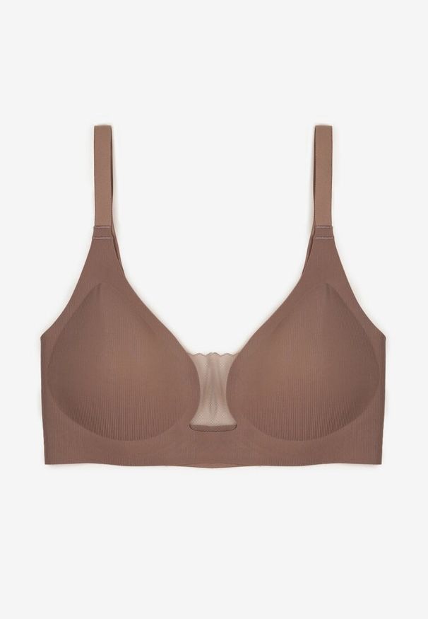 Born2be - Ciemnobeżowy Biustonosz z Ozdobnym Wycięciem Ezirelle. Kolor: beżowy. Materiał: jeans. Rodzaj stanika: wyciągane miseczki. Wzór: gładki