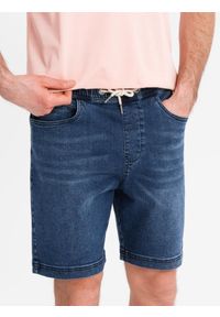 Ombre Clothing - Męskie szorty z gumką w pasie i efektem sprania – niebieskie V2 - Rozmiar: L. Okazja: na co dzień. Kolor: niebieski. Materiał: skóra, denim, materiał, bawełna, elastan. Sezon: lato. Styl: casual, elegancki #10