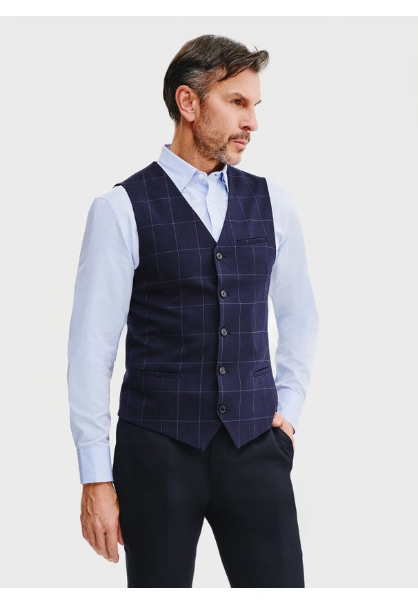 Pako Lorente - PAKO LORENTE – Granatowa kamizelka męska w kratę. Kolor: niebieski. Materiał: wiskoza, poliester, elastan. Wzór: kratka. Styl: młodzieżowy, elegancki