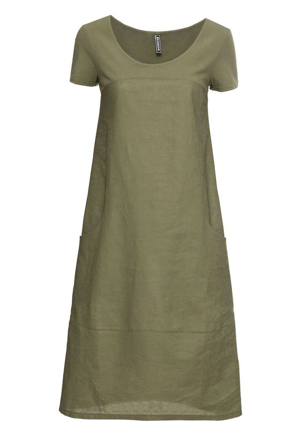 Sukienka lniana bonprix oliwkowy. Kolor: zielony. Materiał: len