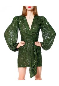 AGGI - Zielona sukienka z cekinami. Okazja: na imprezę. Kolor: zielony. Wzór: aplikacja. Typ sukienki: kopertowe. Styl: wizytowy. Długość: mini