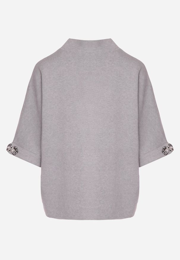Born2be - Szary Sweter Ozdobiony na Rękawach Cyrkoniami Aletusa. Okazja: na co dzień. Kolor: szary. Materiał: jeans. Wzór: aplikacja. Styl: casual, elegancki