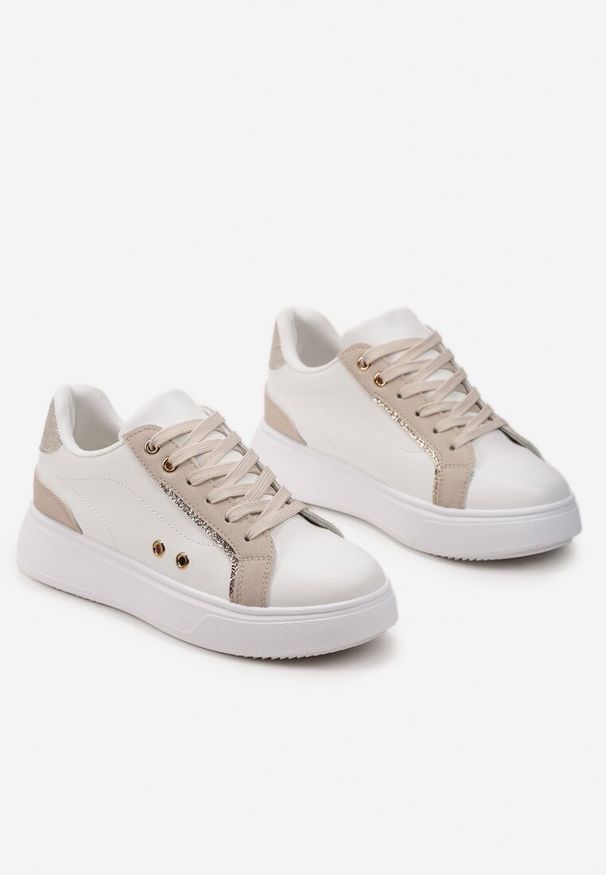 Born2be - Biało-Beżowe Sneakersy przed Kostkę na Grubej Podeszwie z Metalicznymi Wstawkami Aglimria. Okazja: do pracy. Wysokość cholewki: przed kostkę. Kolor: biały