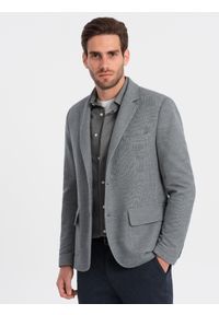 Ombre Clothing - Marynarka męska z łatami na łokciach - jasnoszara V1. Kolor: szary. Materiał: poliester, bawełna. Wzór: nadruk