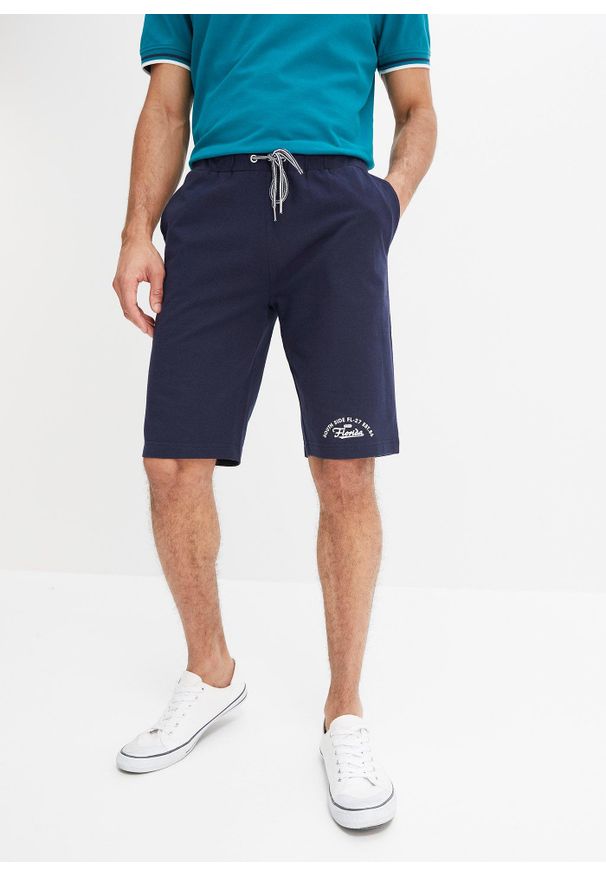bonprix - Bermudy z dżerseju z czystej bawełny organicznej. Kolor: niebieski. Materiał: jersey, bawełna. Wzór: nadruk