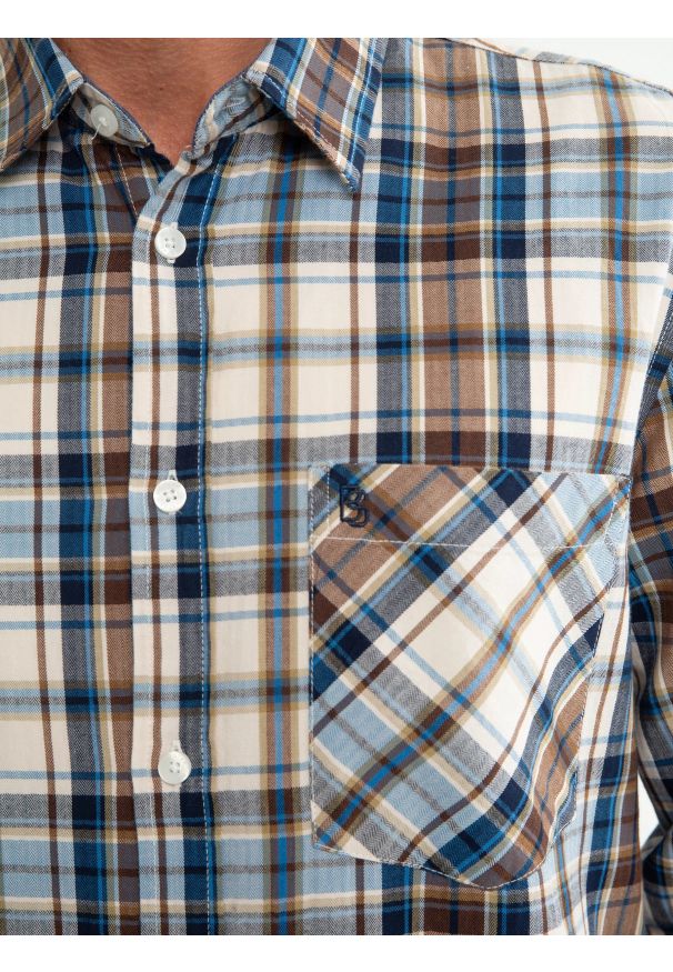 Big-Star - Koszula męska bawełniana w kratę granatowo-brązową Zerwis 403. Okazja: na co dzień. Typ kołnierza: kołnierzyk stójkowy. Kolor: niebieski. Materiał: bawełna. Wzór: haft, jodełka, aplikacja, ze splotem, kolorowy. Styl: elegancki, casual, vintage