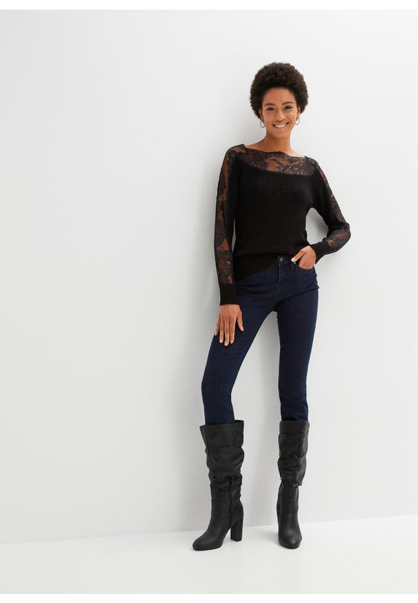 bonprix - Sweter z koronką. Kolor: czarny. Materiał: koronka. Wzór: koronka. Styl: elegancki