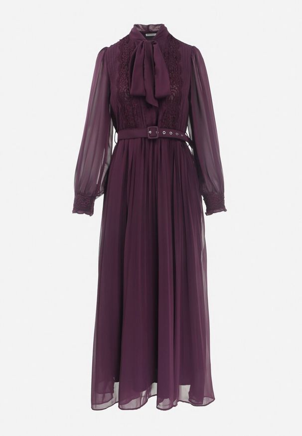 Born2be - Ciemnofioletowa Rozkloszowana Sukienka Maxi z Plisowanym Dołem i Paskiem Brofilla. Okazja: na co dzień. Kolor: fioletowy. Materiał: poliester. Wzór: aplikacja. Styl: casual, klasyczny. Długość: maxi