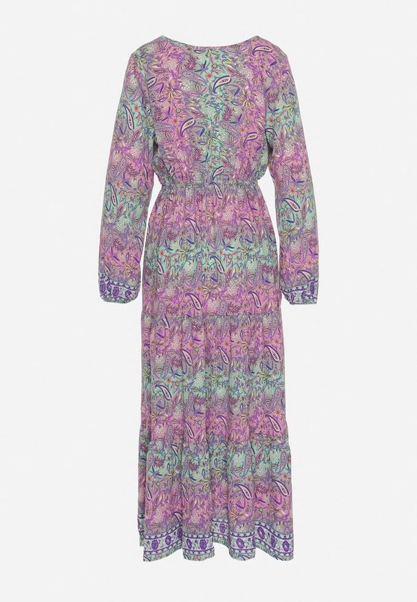 Born2be - Różowa Sukienka Rozkloszowana z Falbanką w Print Paisley Kapiss. Typ kołnierza: dekolt w kształcie V. Kolor: różowy. Długość rękawa: długi rękaw. Wzór: nadruk, paisley. Styl: elegancki, klasyczny