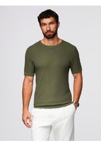 Ombre Clothing - Strukturalna dzianinowa koszulka męska - oliwkowa V1 - Rozmiar: L. Kolor: oliwkowy. Materiał: dzianina