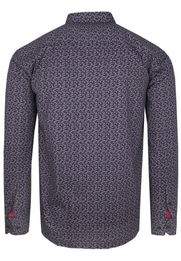 Granatowa Koszula Męska - Rigon - Krój Prosty - Wzór Paisley. Okazja: na spotkanie biznesowe, do pracy. Kolor: niebieski. Materiał: lycra, bawełna. Długość rękawa: długi rękaw. Długość: długie. Wzór: paisley. Styl: elegancki, biznesowy, wizytowy