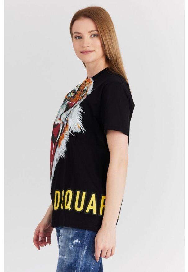 DSQUARED2 Czarny t-shirt damski z tygrysem. Kolor: czarny. Materiał: bawełna. Wzór: nadruk