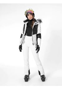 4f - Spodnie narciarskie softshell membrana 10 000 damskie. Kolor: biały. Materiał: softshell. Wzór: aplikacja. Sezon: zima. Sport: narciarstwo