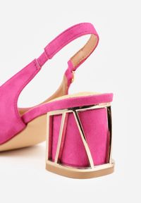 Born2be - Fuksjowe Sandały Vices na Obcasie ze Skórzaną Wkładką i Metalicznym Wzorem Sesenora. Okazja: na co dzień. Zapięcie: sprzączka. Kolor: różowy. Materiał: skóra. Obcas: na obcasie. Styl: casual. Wysokość obcasa: średni #3