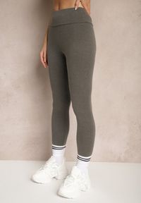 Renee - Szare Legginsy High Waist z Szeroką Gumką w Pasie Sevini. Okazja: do domu, na co dzień. Stan: podwyższony. Kolor: szary. Wzór: bez wzorów, aplikacja. Styl: casual