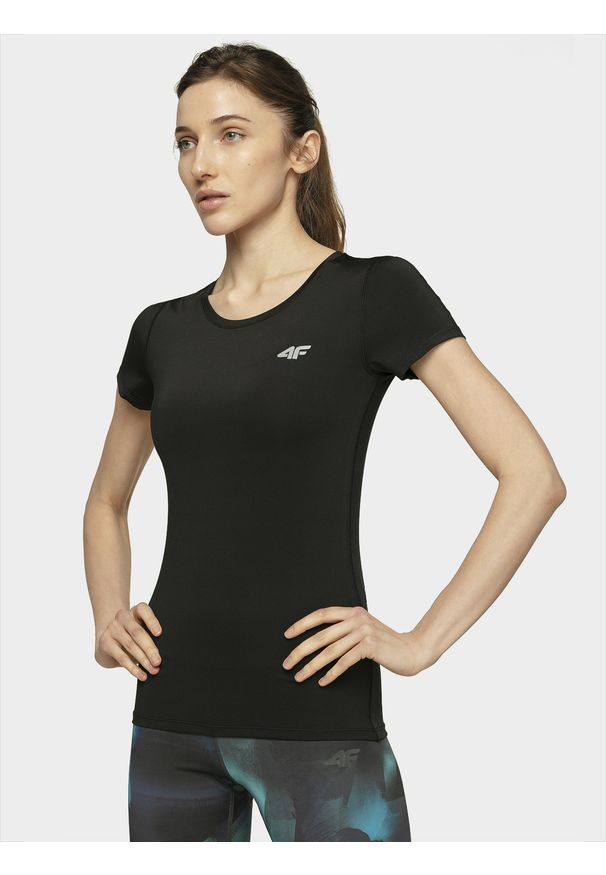 4f - Koszulka treningowa damska. Kolor: czarny. Materiał: dzianina, skóra. Wzór: gładki. Sport: fitness