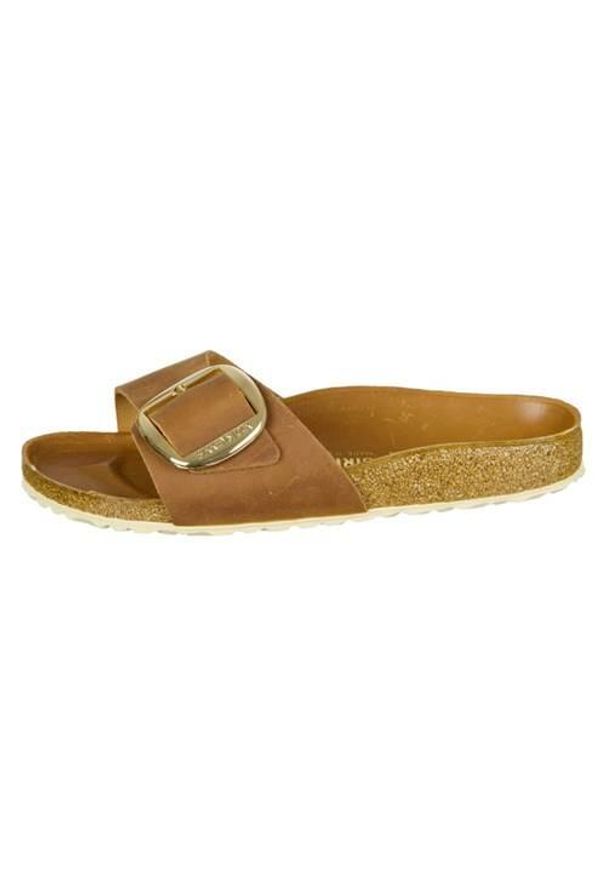 Klapki damskie Birkenstock Madrid Big Buckle Cognac Natural Leather. Okazja: na plażę. Kolor: brązowy. Materiał: syntetyk, materiał. Styl: sportowy