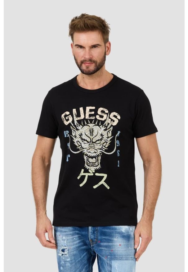 Guess - GUESS Czarny męski t-shirt bawełniany Dragon Tee, Rozmiar XXL. Kolor: czarny. Materiał: bawełna
